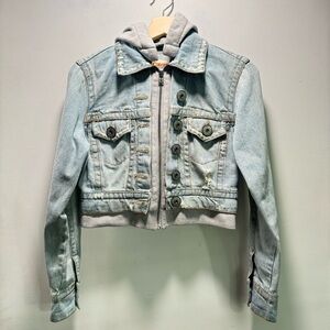 Z Cavaricci Size XS‎ Distressed Cropped Denim Jacket Sweatshirt Removable Hoodie